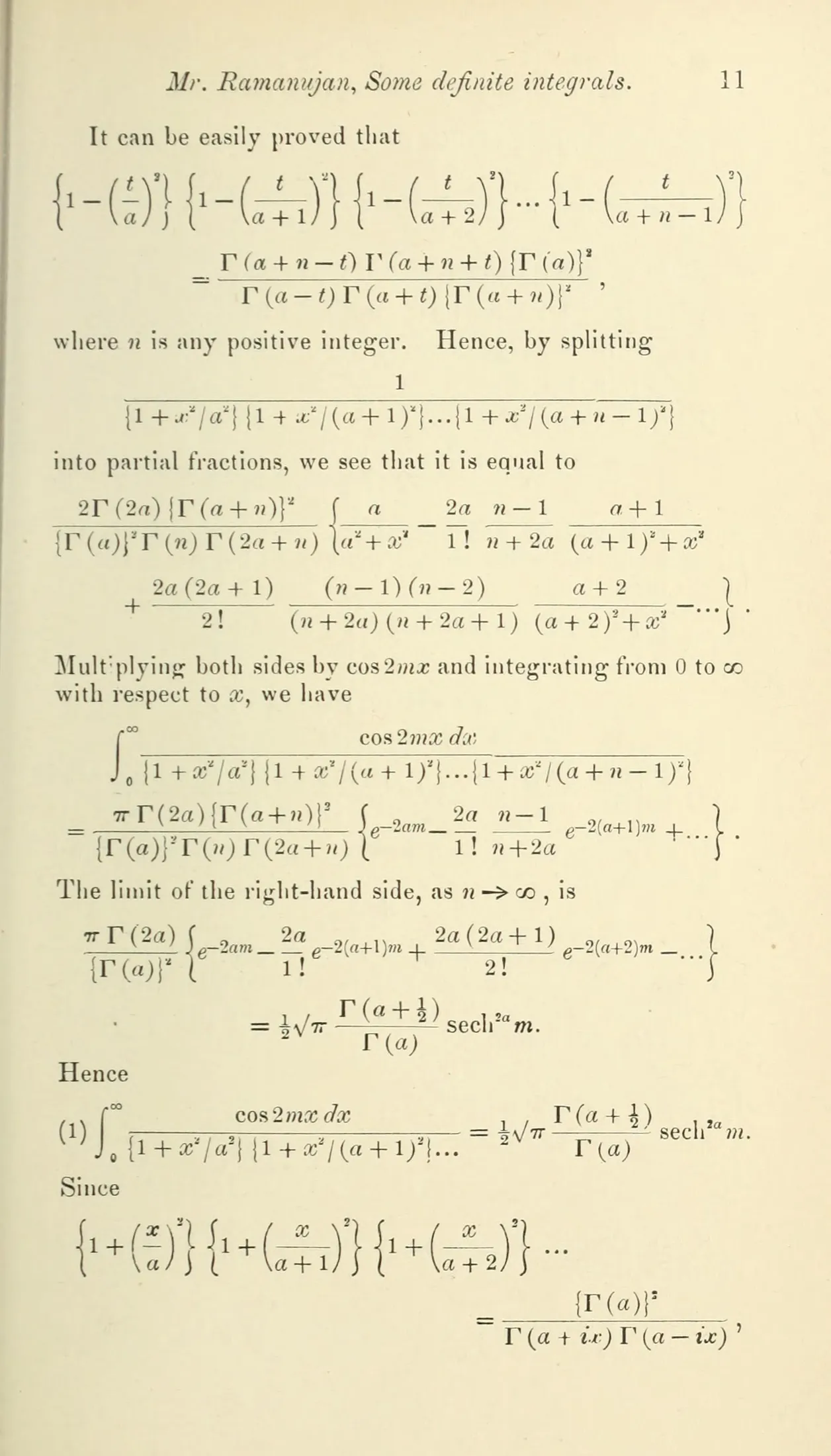 Printed page 11 of the paper, a column of set mathematics in which the displayed integrals take more of the leaf than the prose between them.
