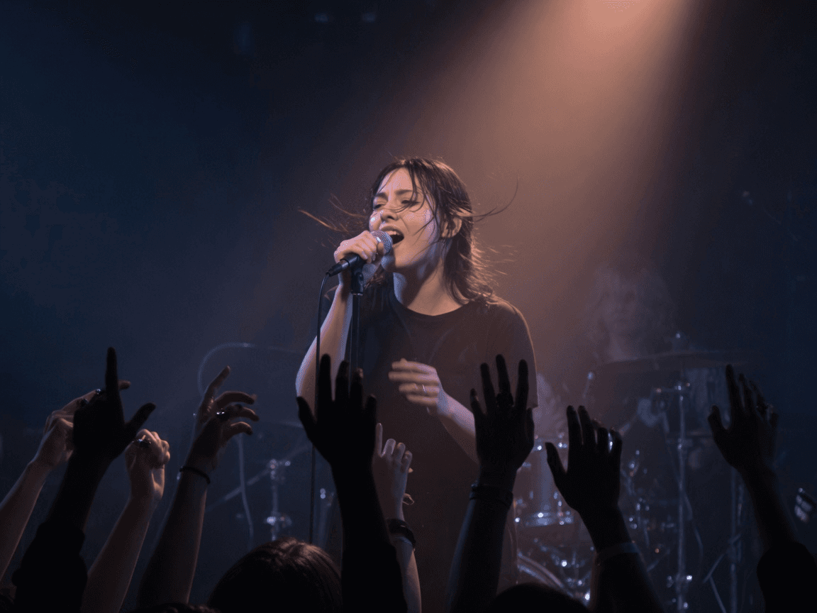 A singer at the microphone under a single stage wash, front row hands in silhouette