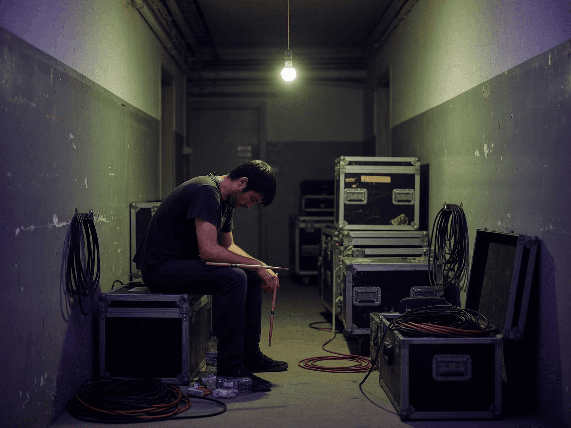 A drummer sitting on a flight case in a backstage corridor before doors