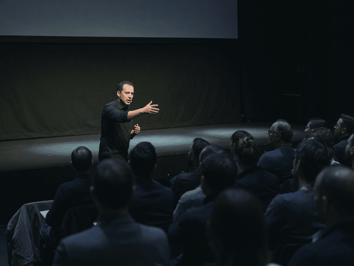 A speaker mid gesture on a dark conference stage above a field of shoulders