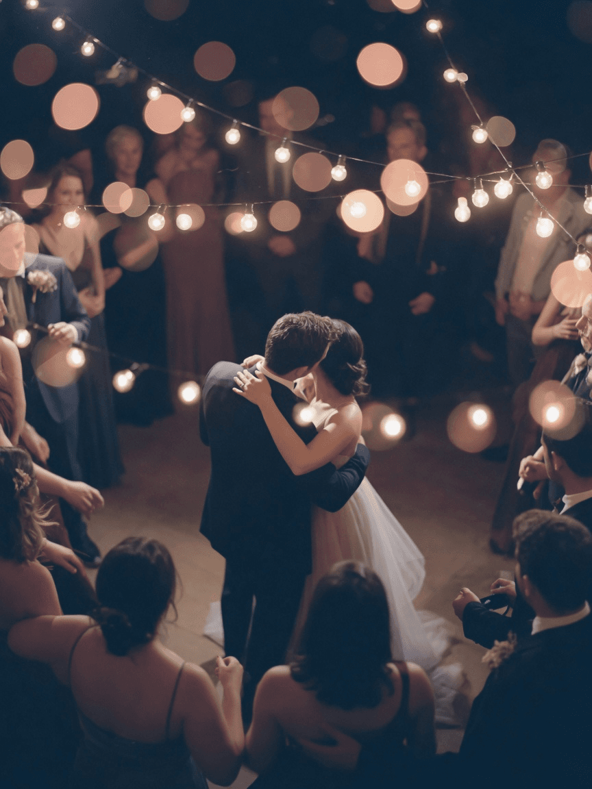 A first dance at a night reception under string lights
