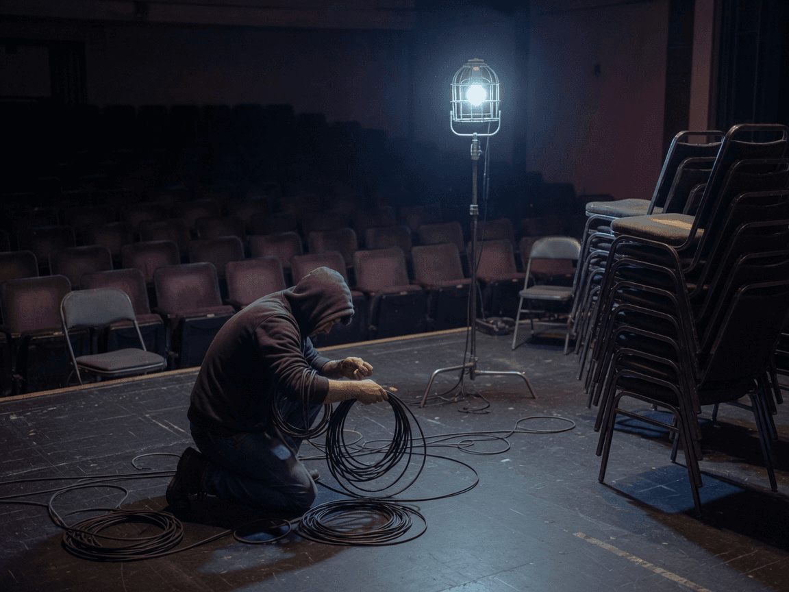 A crew member coiling cable on an emptied stage under a single ghost light