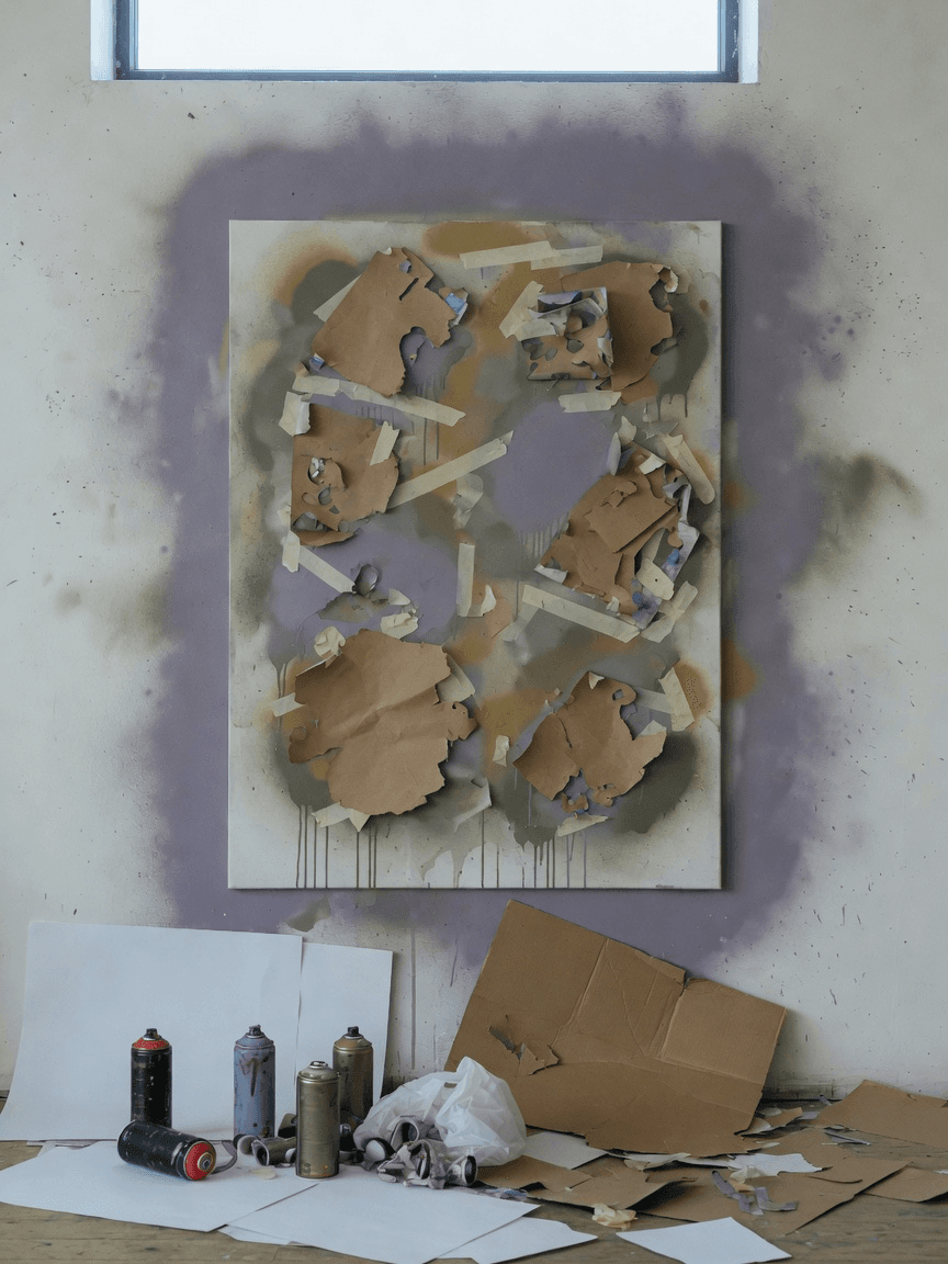 A tall canvas mid process with masking tape and stencils still attached