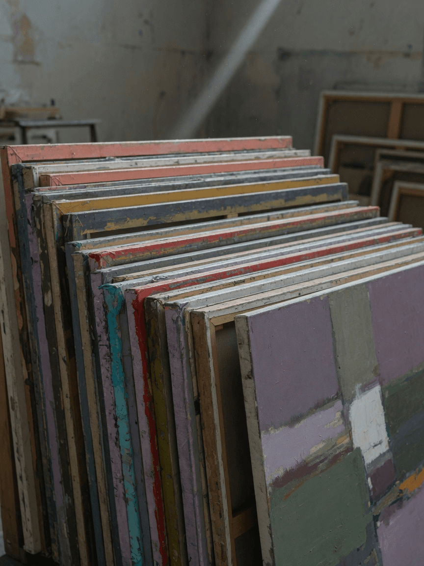 Finished canvases racked on edge showing strata of paint layers