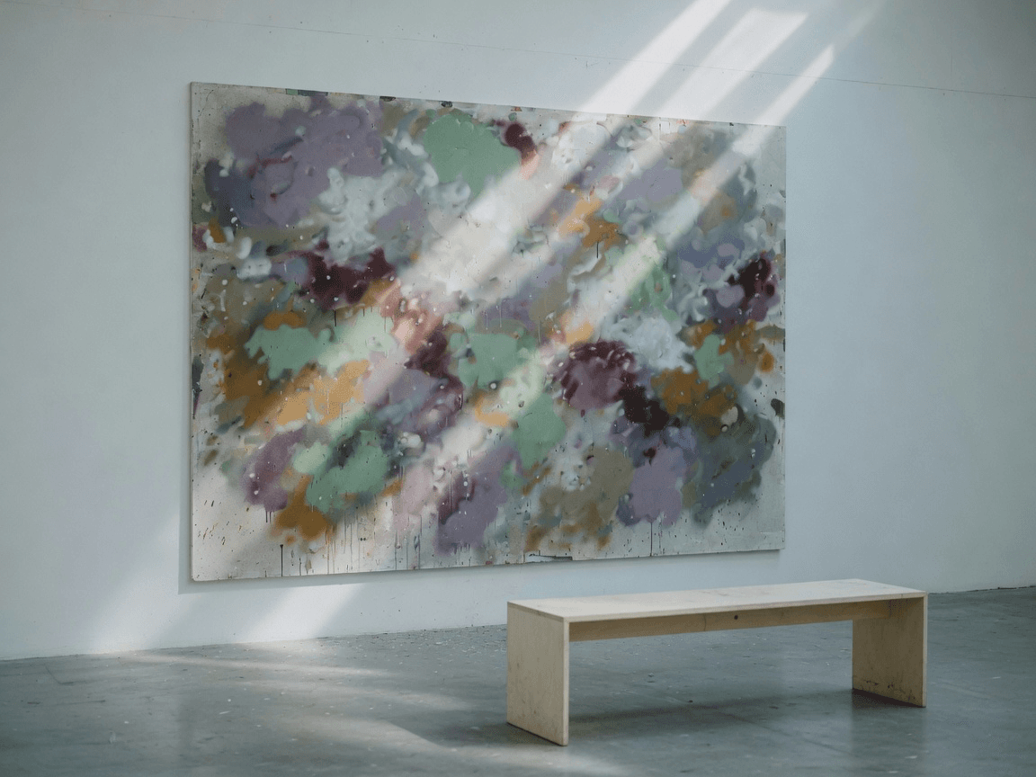 A large abstract spray painting hung alone on a white gallery wall
