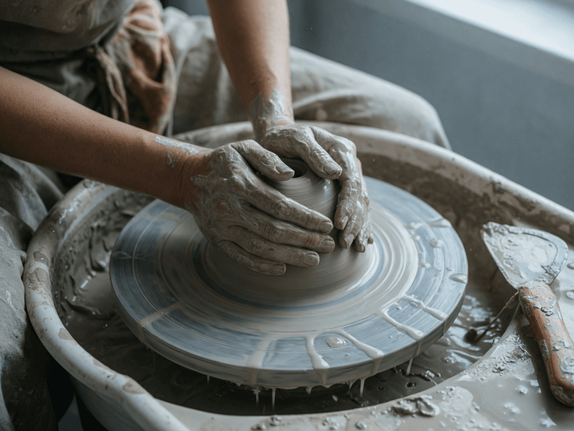 Clay-slicked hands centring stoneware on a potter's wheel