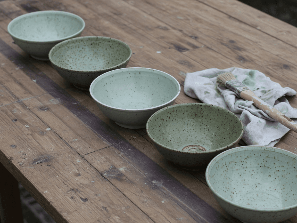 A row of finished glazed bowls on a scarred wooden worktable