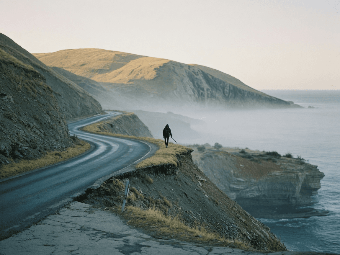 A lone walker on a coastal switchback road above the sea at first light