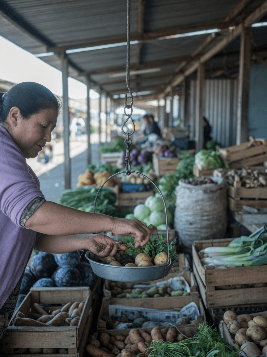 A market stall keeper weighing produce into a metal pan