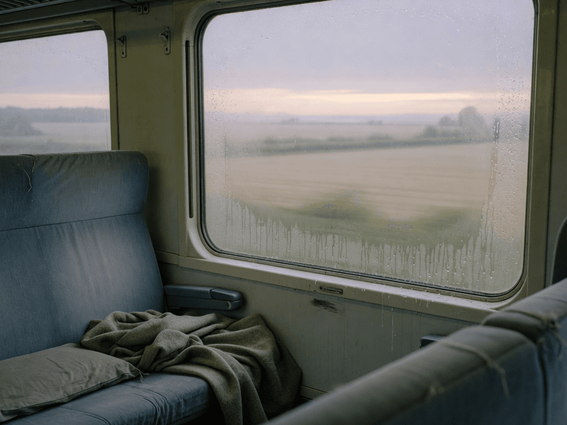 An overnight train interior at dawn with condensation on the window