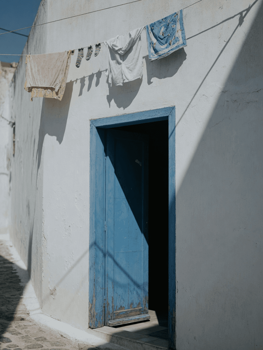 An open blue door in a whitewashed lane under hard midday shade