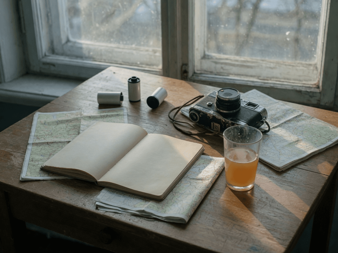 A field desk with an open notebook, folded maps, film canisters and a camera