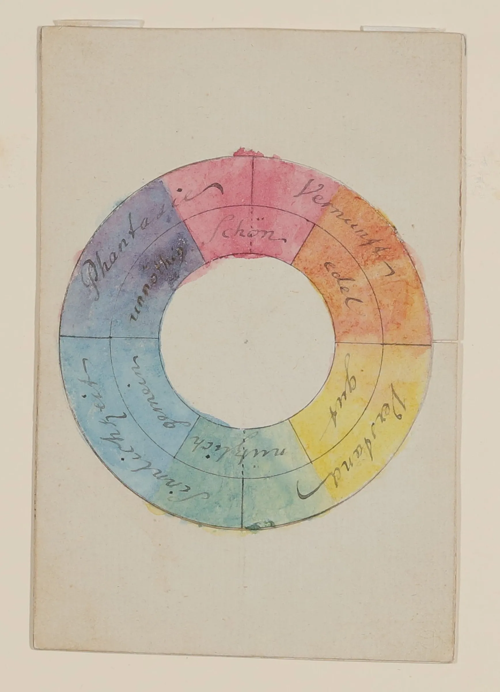 The colour wheel: a small watercoloured disc divided into six segments, mounted in a cut card window on a plain sheet.