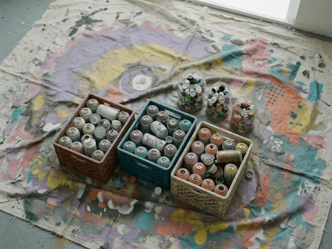Crates of spent spray cans and jars of caps on a studio floor