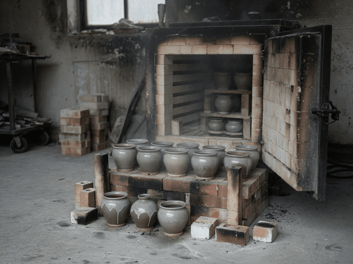 Still-warm glazed pots on the hearth beside an open kiln