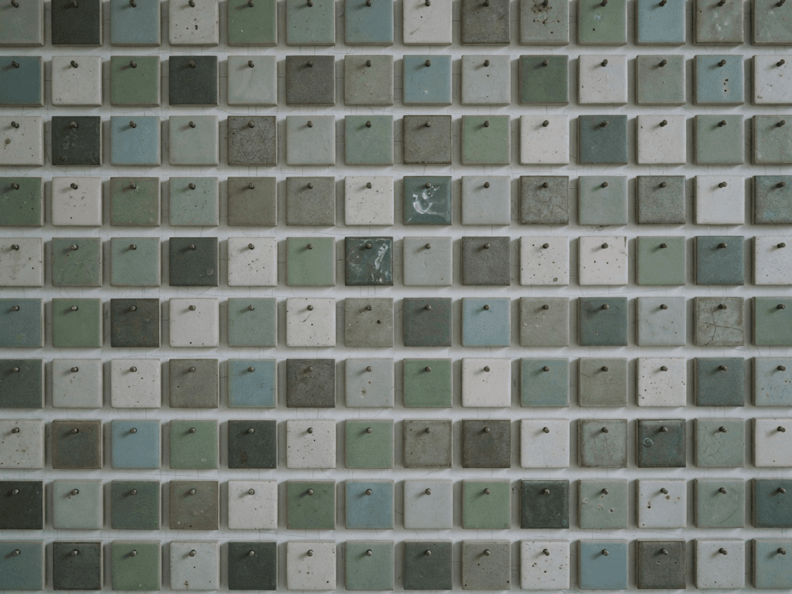 A pinned grid of glaze test tiles across a studio wall