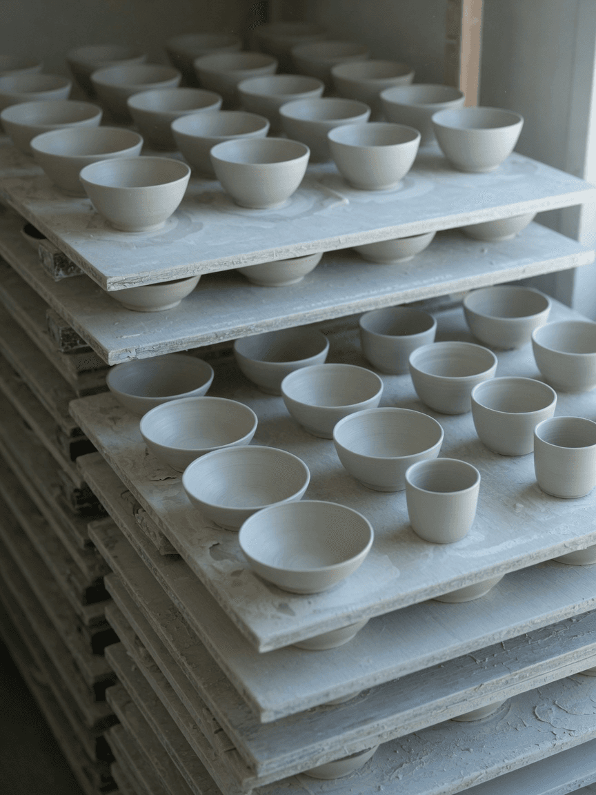 Rows of unfired bowls drying on wooden ware boards