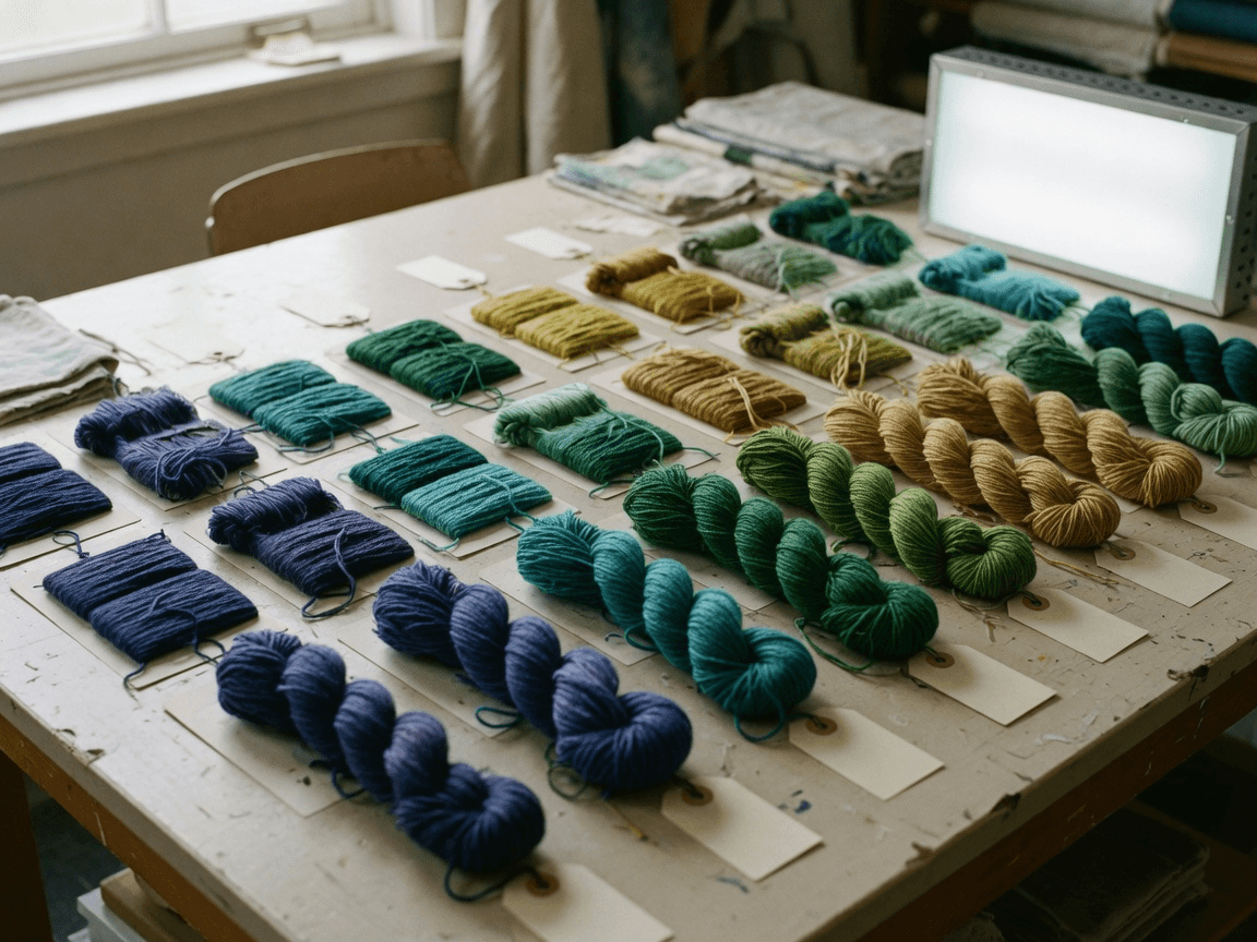 Dyed yarn color standards laid out in a graded sequence