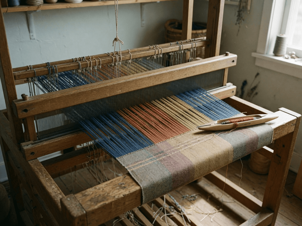 Warped floor loom with a woven length on the cloth beam