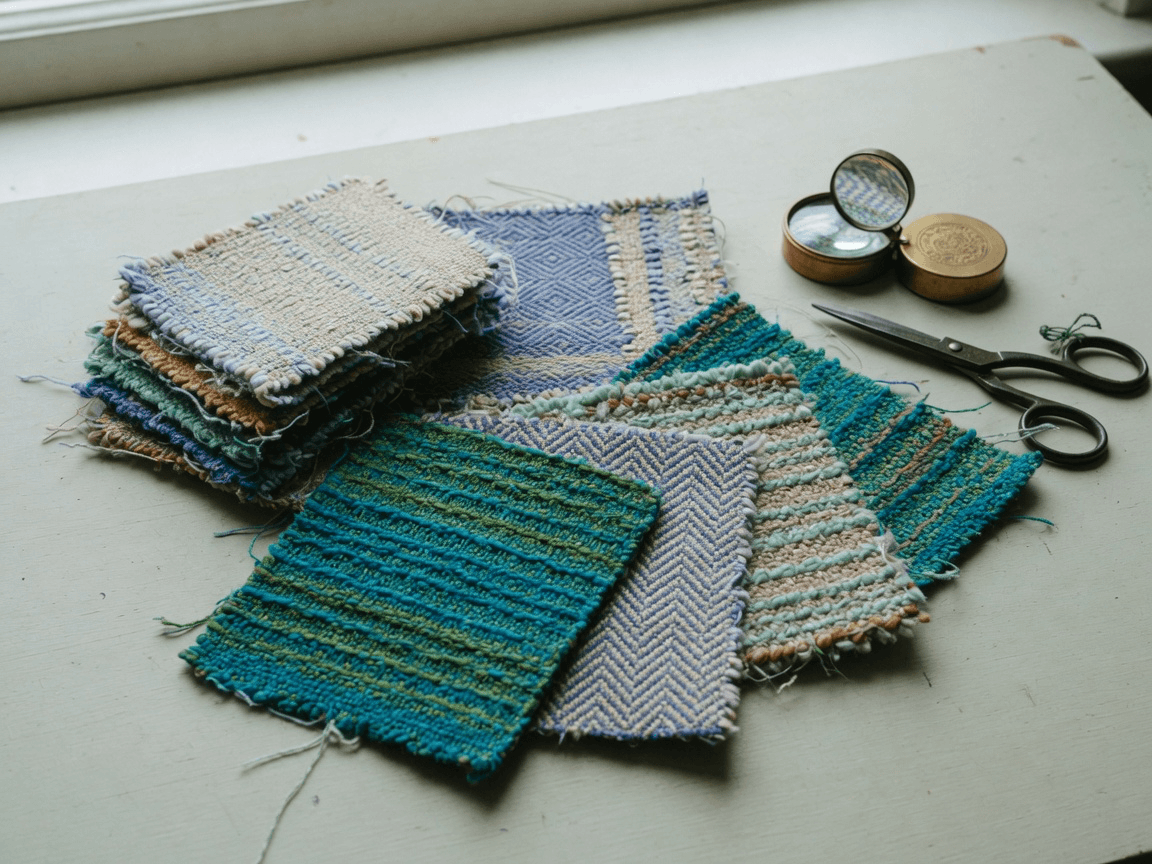 Handwoven swatches fanned across the worktable