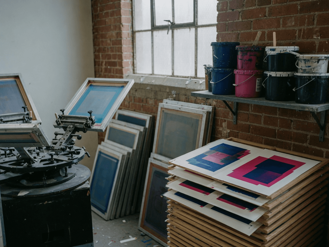 The Foghouse Press shop floor, press and screen racks
