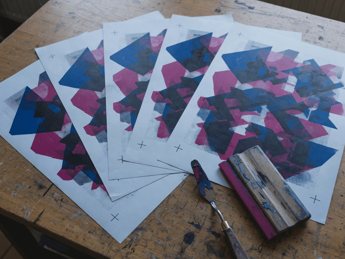 Freshly pulled show posters fanned across the work table