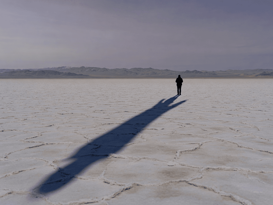 A small figure casting a long shadow across a cracked salt flat at dusk