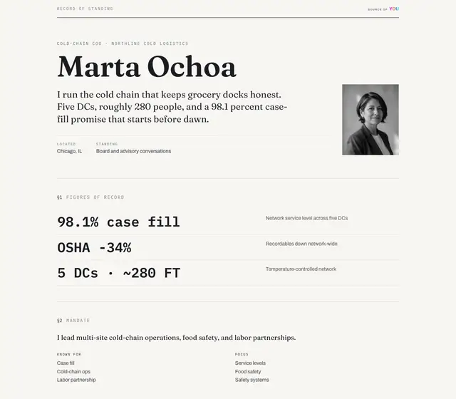 Ledger design on desktop, shown with a fictional demo record