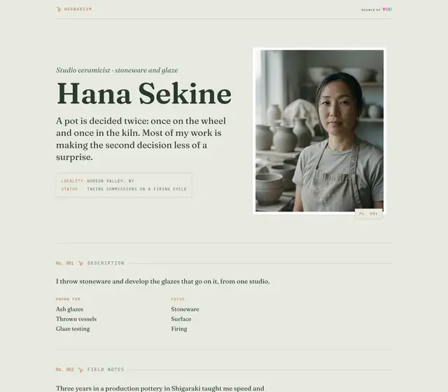 Herbarium design on desktop, shown with a fictional demo record