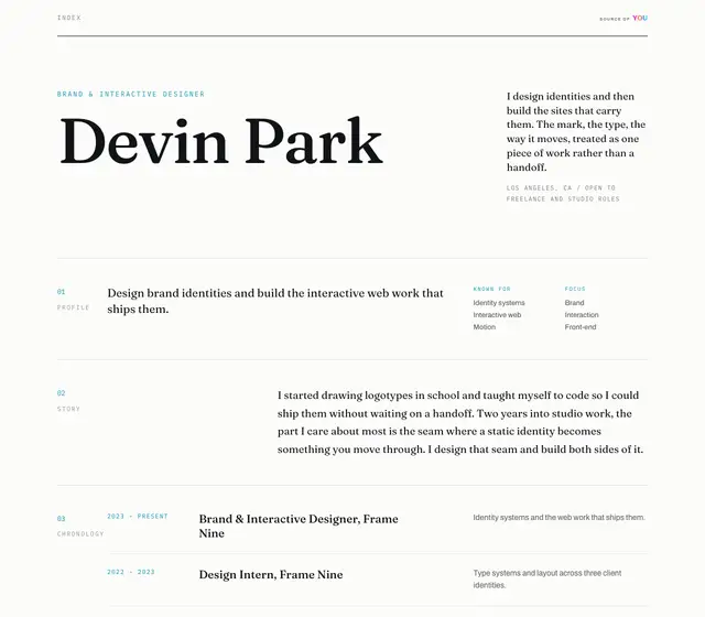 Index design on desktop, shown with a fictional demo record