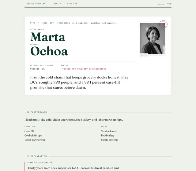 Passport design on desktop, shown with a fictional demo record