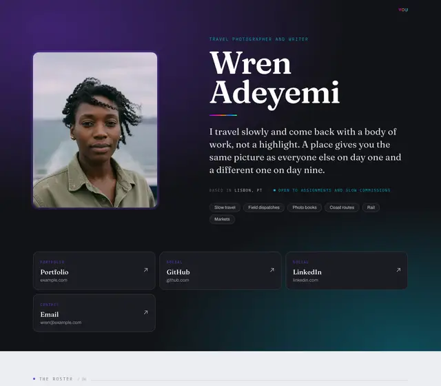 Roster design on desktop, shown with a fictional demo record