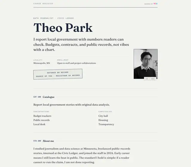 Syllabus design on desktop, shown with a fictional demo record