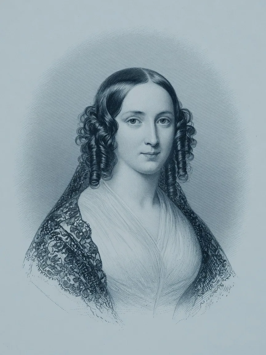 An illustrated stand-in for Ada Lovelace, drawn in the Hall's engraving register because no rights-clean institutional likeness was obtained.