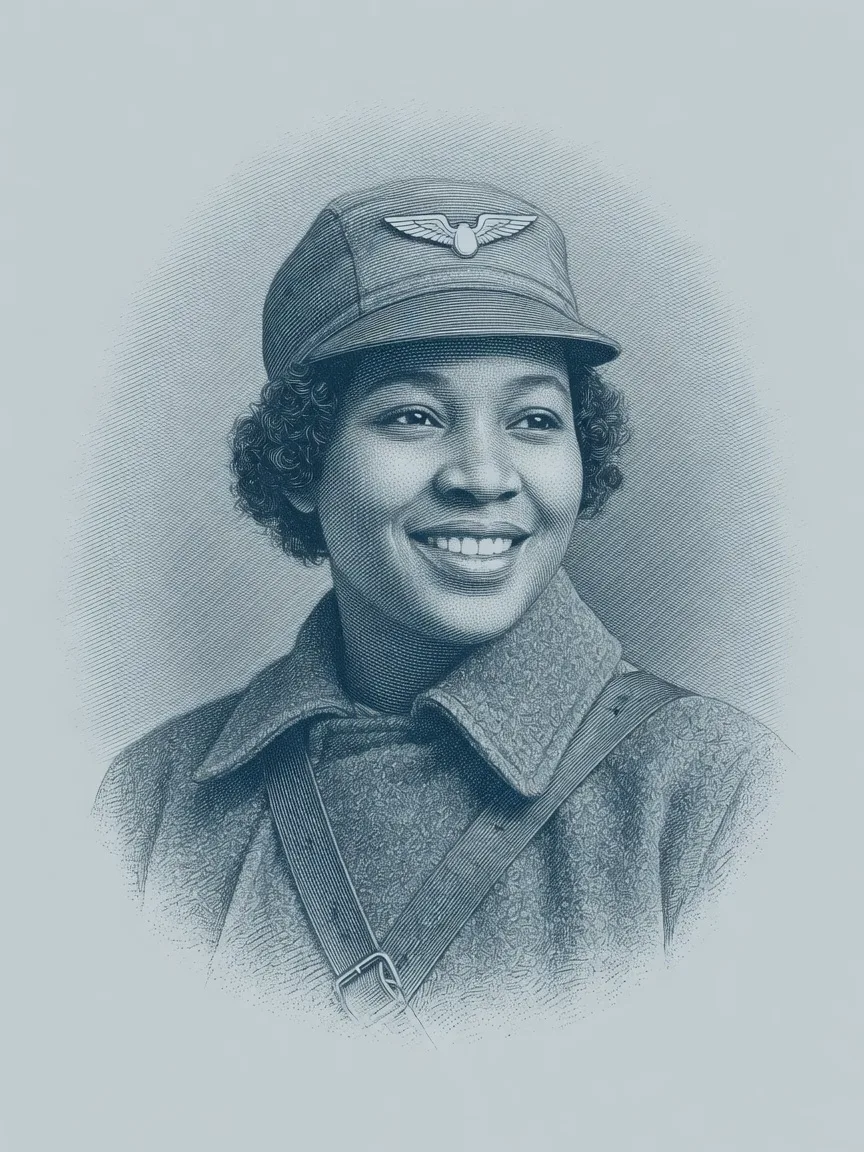 An illustrated stand-in for Bessie Coleman, drawn in the Hall's engraving register because no rights-clean institutional likeness was obtained.