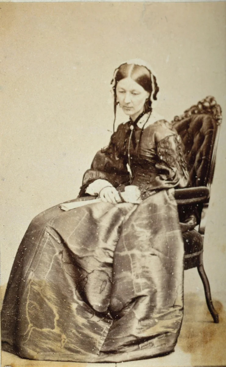 The photograph, catalogued by Wellcome Collection as item 13274i, shows the sitter seated in a buttoned chair wearing a bonnet and a patterned silk gown.