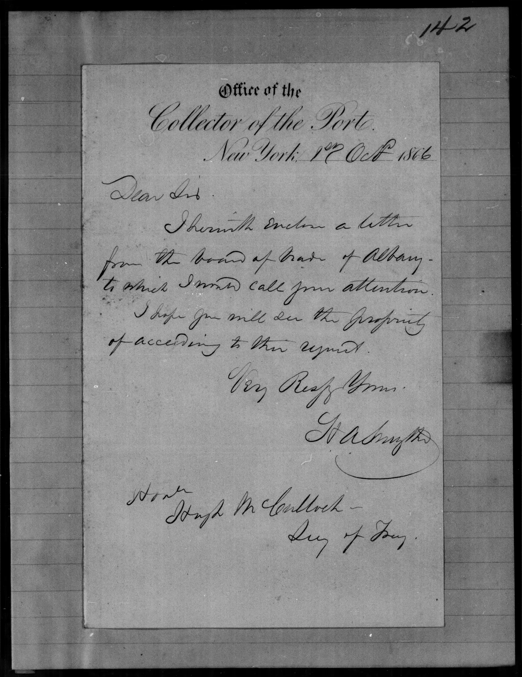 A letter on Office of the Collector of the Port letterhead, New York, dated 1 October 1866. The record does not claim Melville wrote, signed or handled it.