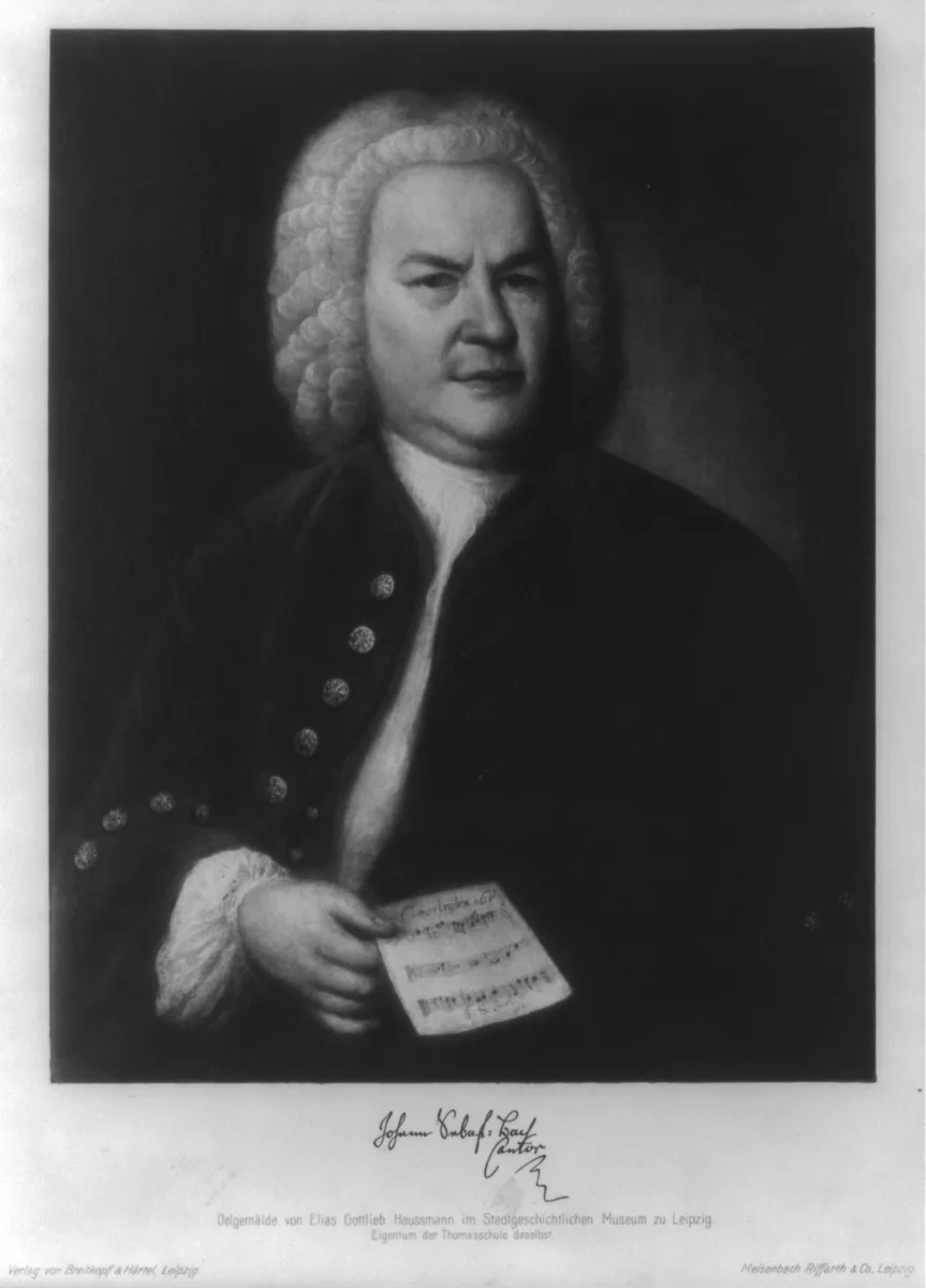 A Library of Congress halftone print reproduces Elias Gottlieb Haussmann's oil portrait, held by the Stadtgeschichtliches Museum zu Leipzig, showing the sitter holding a manuscript canon.