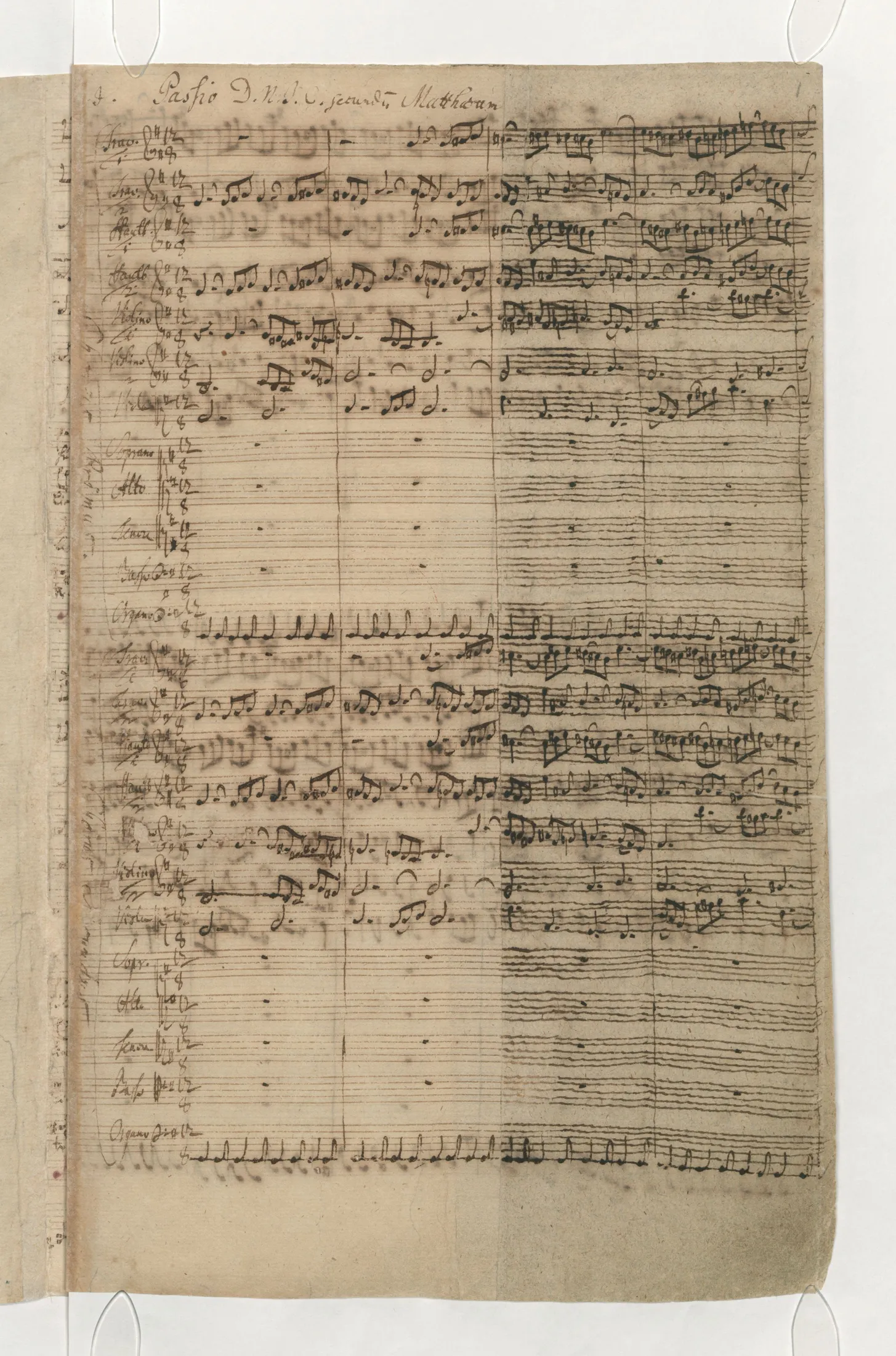 Autograph score page, the first page of Bach's St Matthew Passion BWV 244 in his own hand, held at the Staatsbibliothek zu Berlin.
