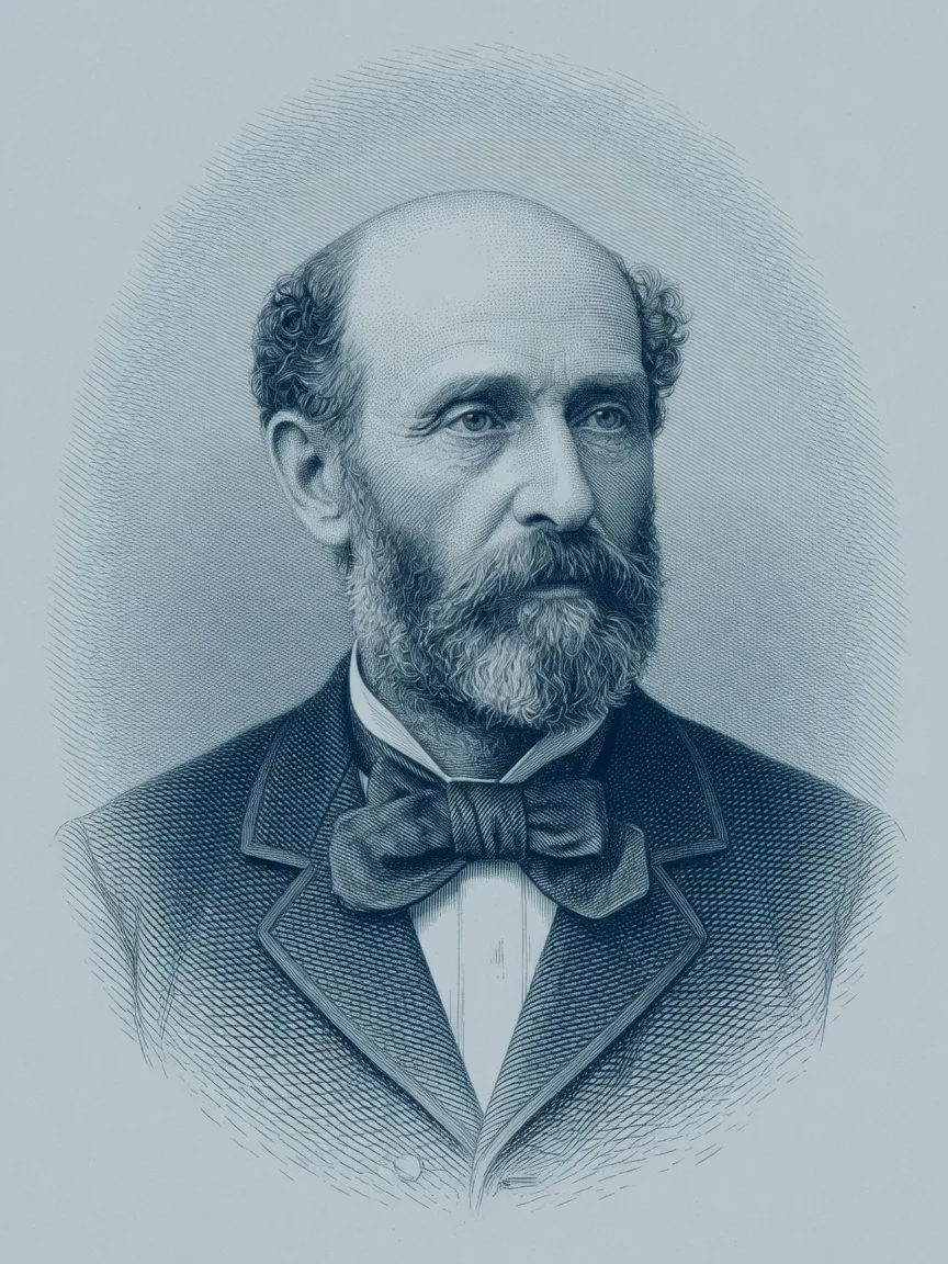 An illustrated stand-in for Joshua Slocum, drawn in the Hall's engraving register because no rights-clean institutional likeness was obtained.