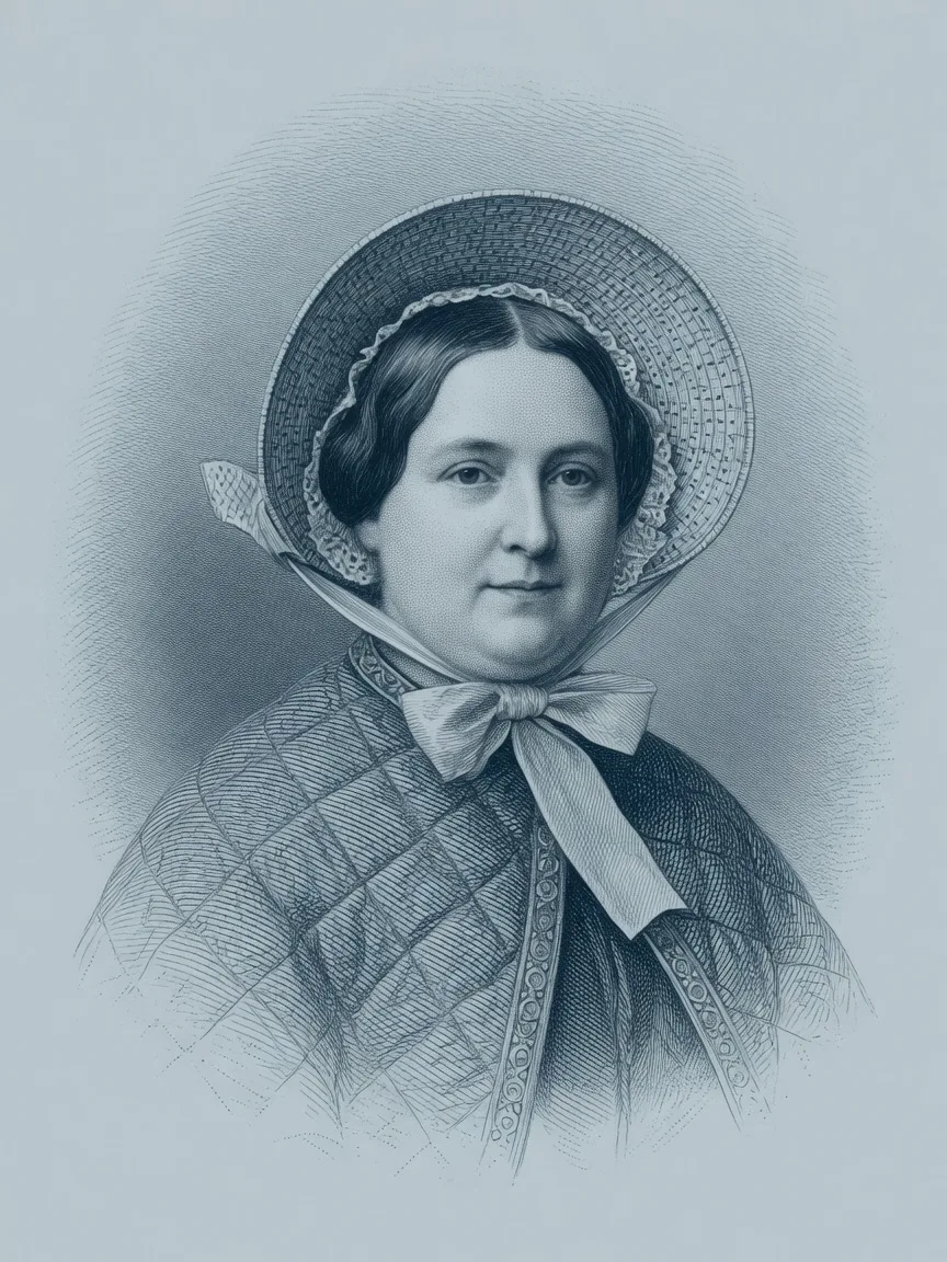 An illustrated stand-in for Mary Anning, drawn in the Hall's engraving register because no rights-clean institutional likeness was obtained.